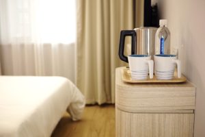 Coffee mugs in hotel room